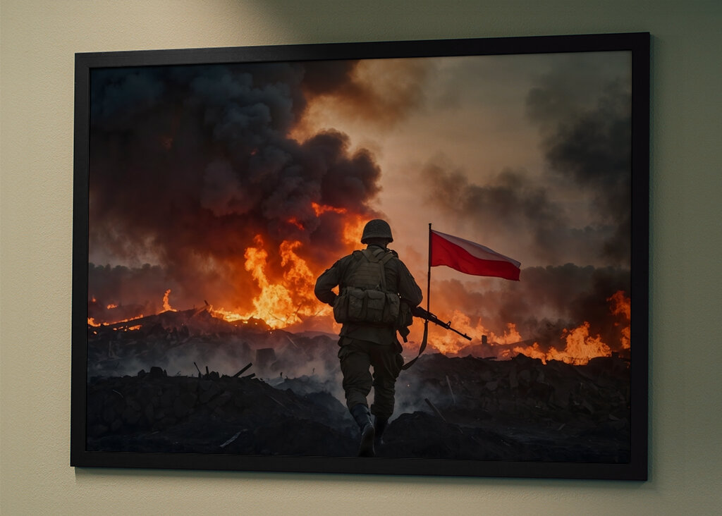 Soldier with Flag in Fire