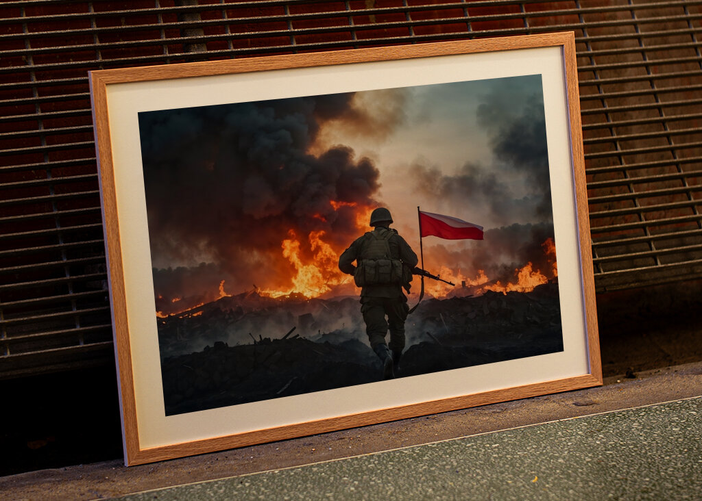 Soldier with Flag in Fire