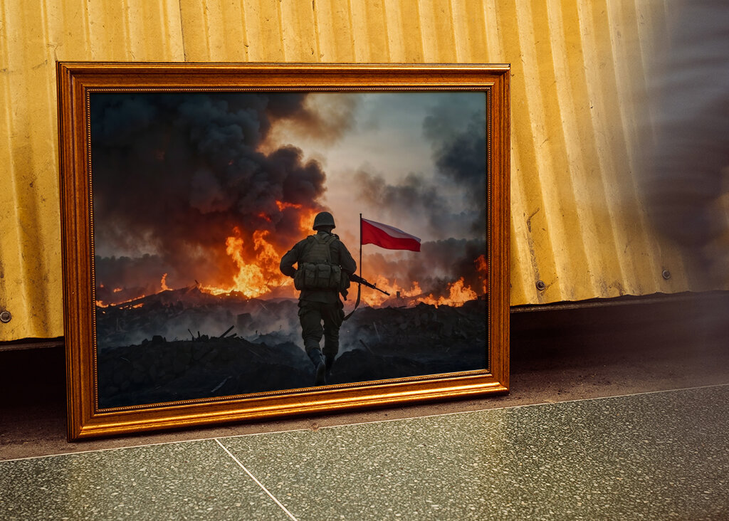Soldier with Flag in Fire