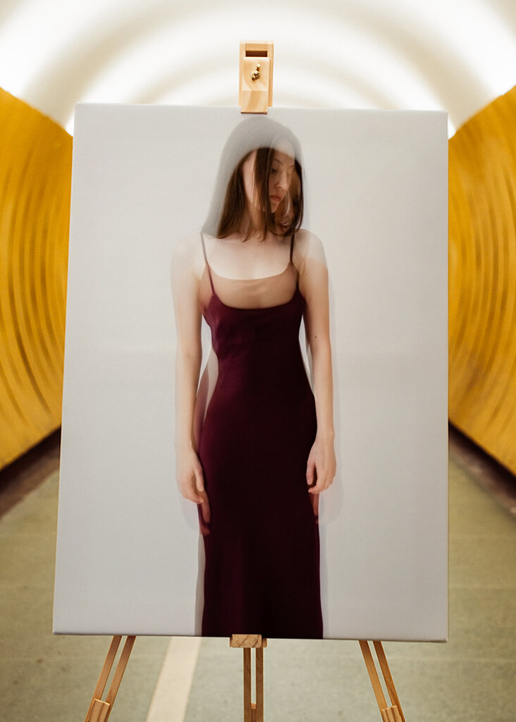 Woman in burgundy dress