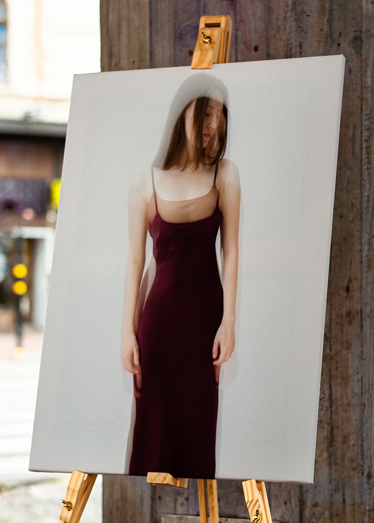 Woman in burgundy dress