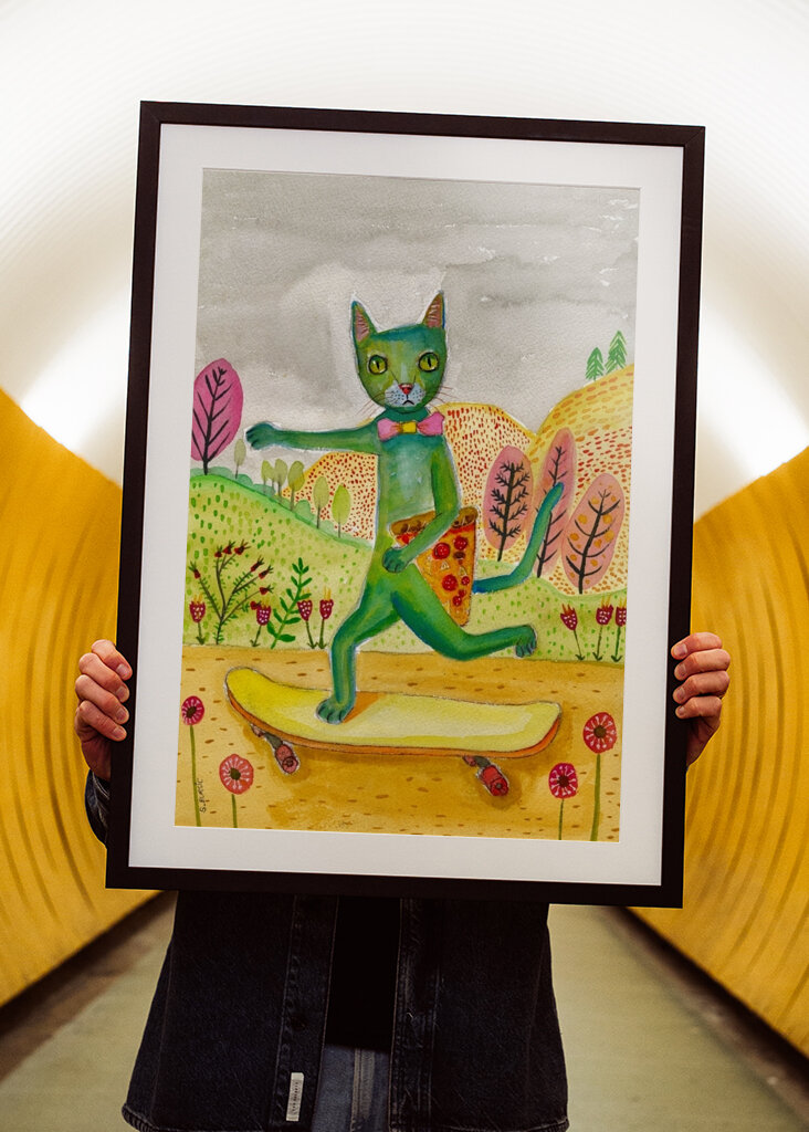 Skateboarding Katze Pizza