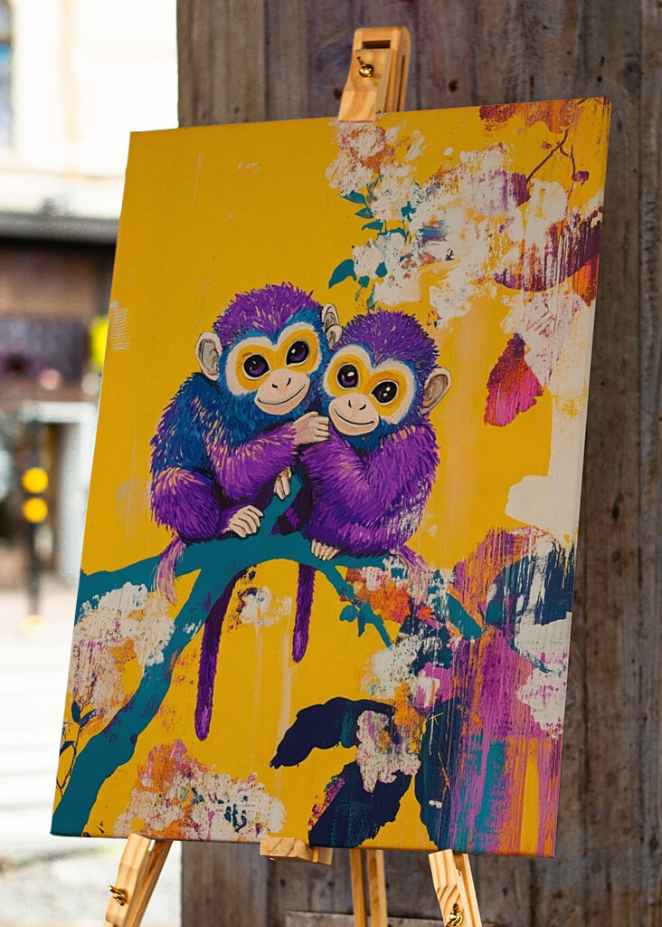 Monos morados en la magia de las flores