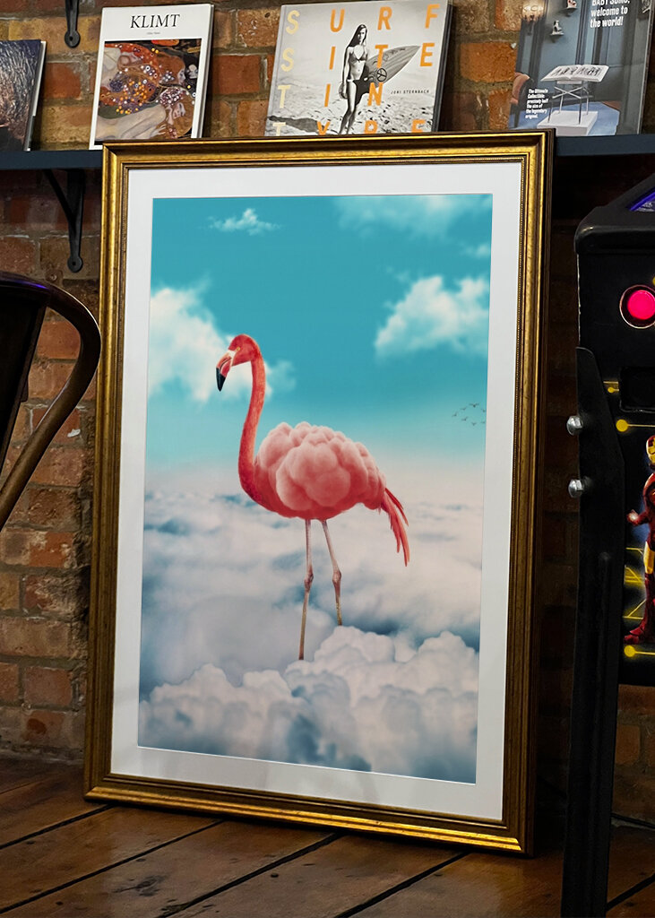 Fenicottero trasportato dalle nuvole