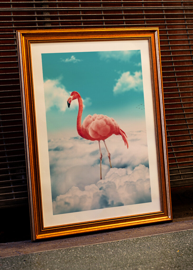 Fenicottero trasportato dalle nuvole