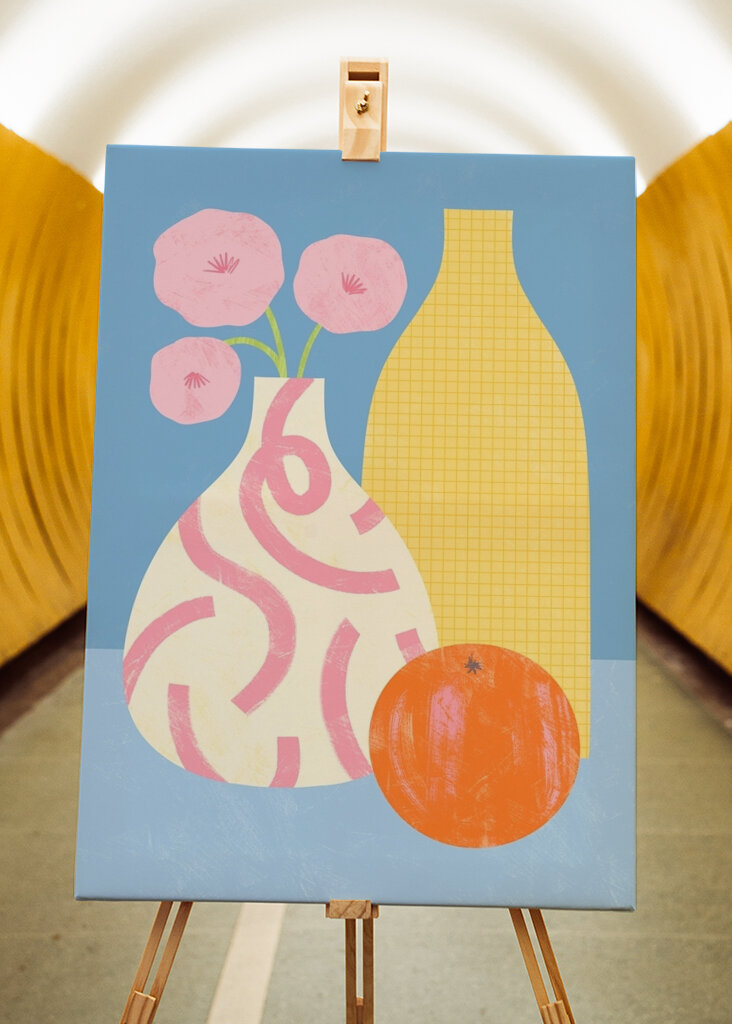 Trio di vasi e frutta