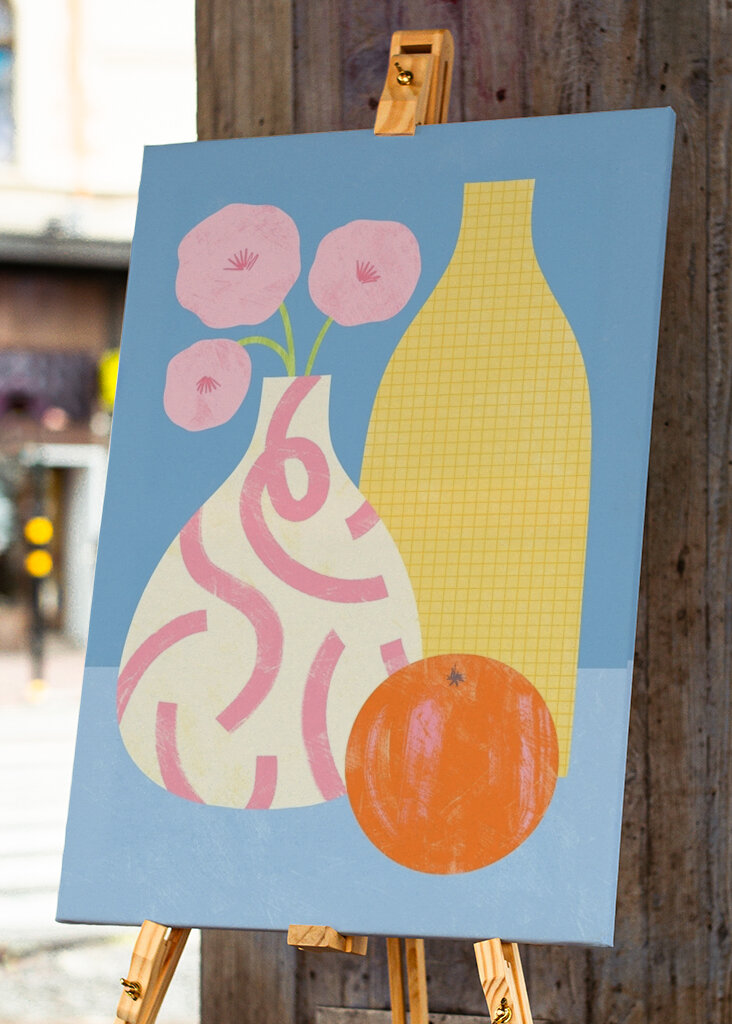 Trio di vasi e frutta