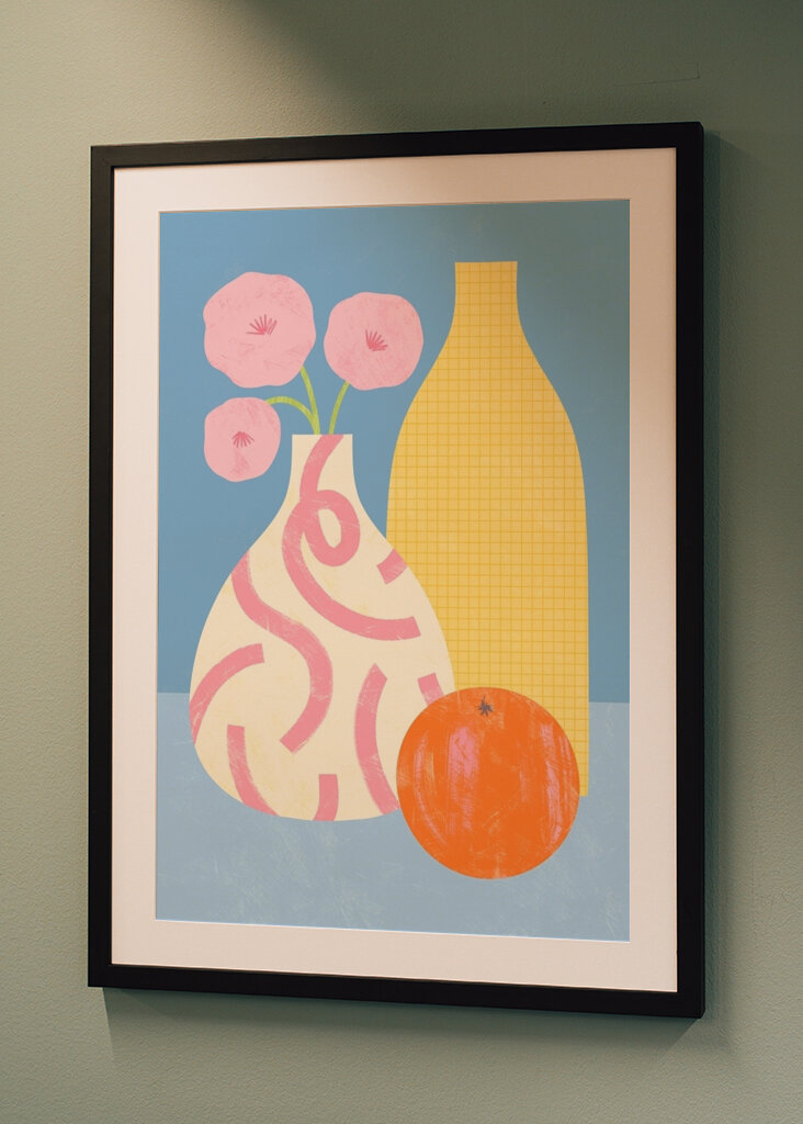 Trio di vasi e frutta