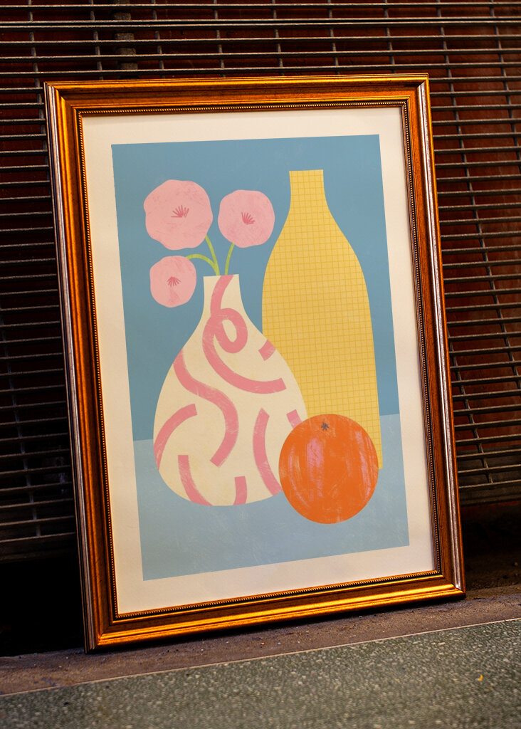 Trio di vasi e frutta