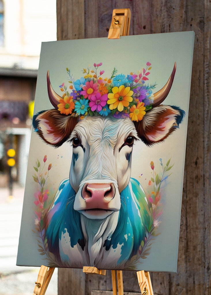 Cow portrait with flowers