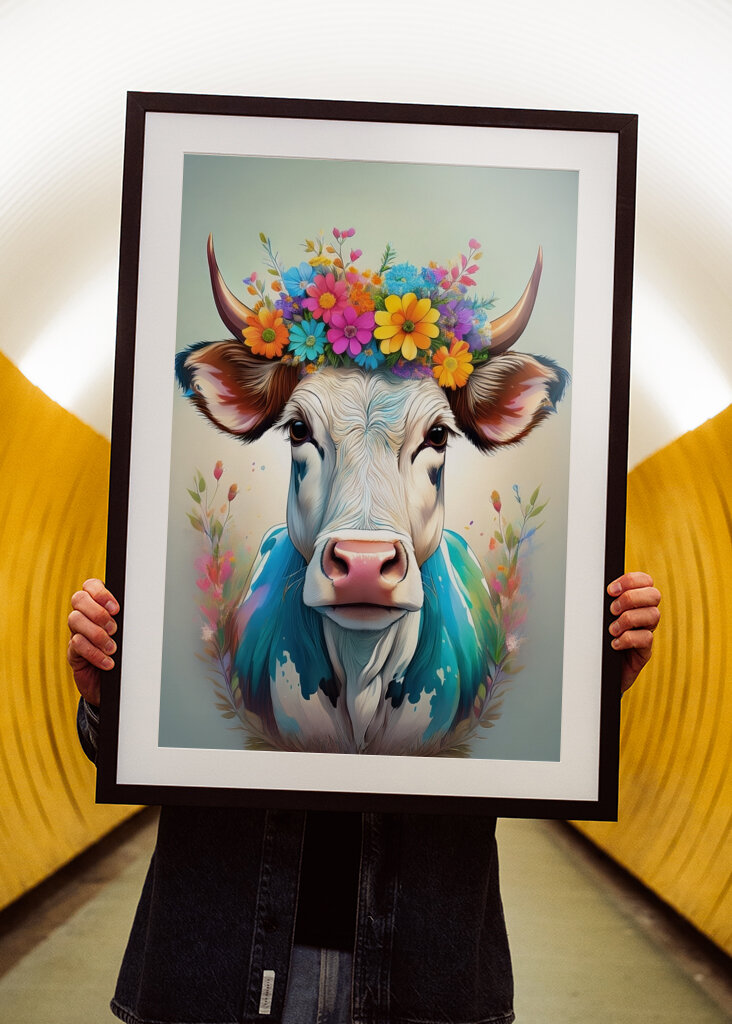 Cow portrait with flowers