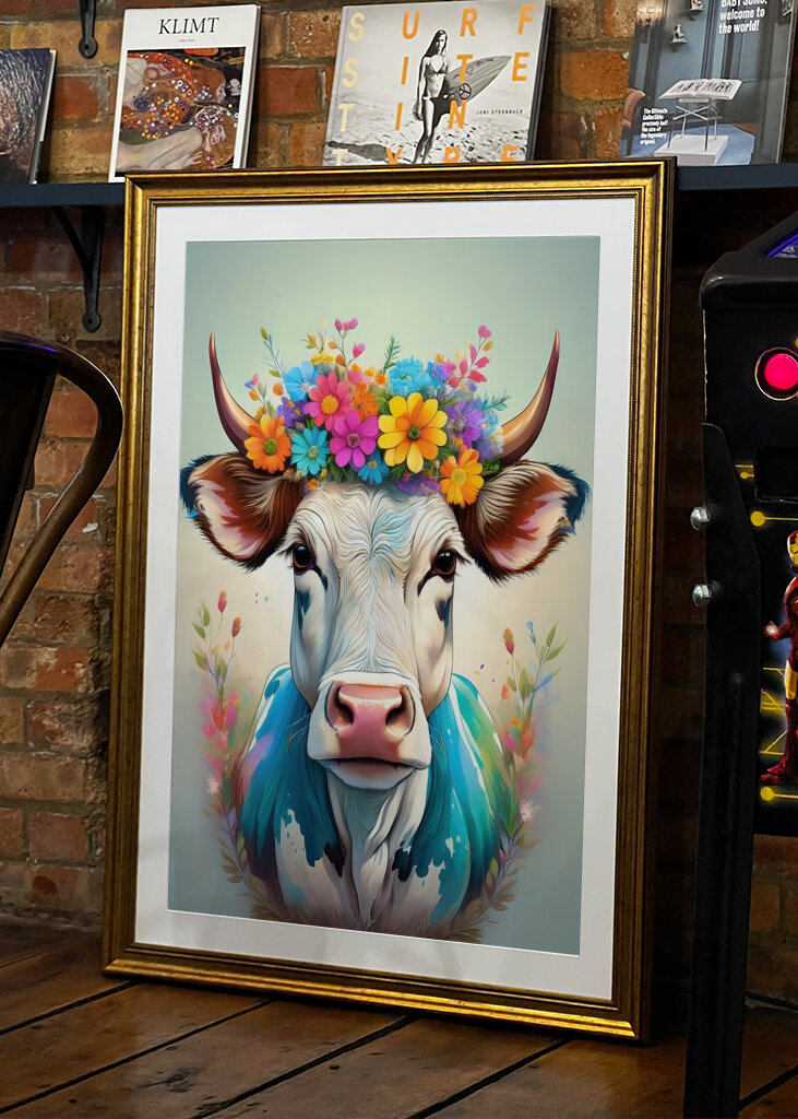 Cow portrait with flowers