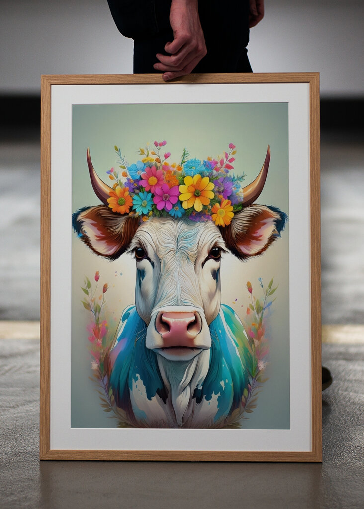 Cow portrait with flowers