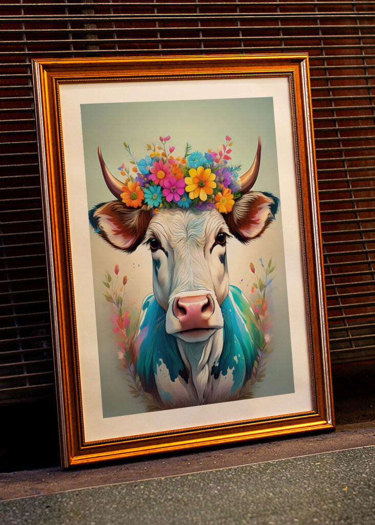 Cow portrait with flowers