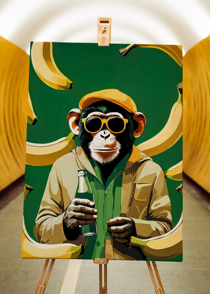 Schimpanse mit Bananen und Limonade