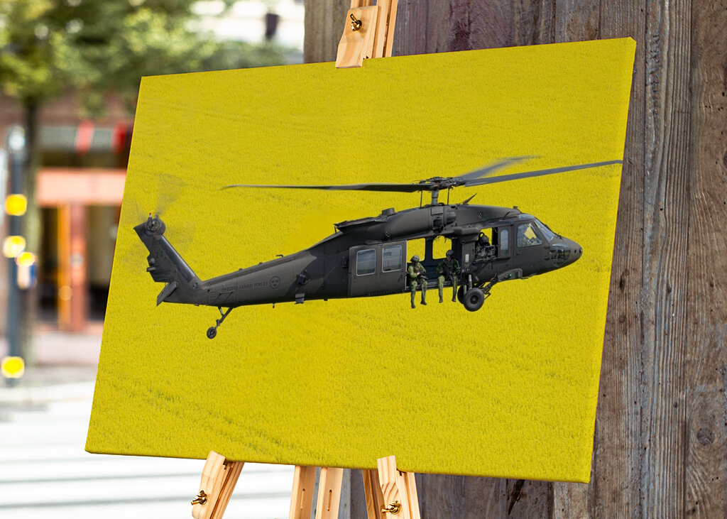 Blackhawk over fields of gold