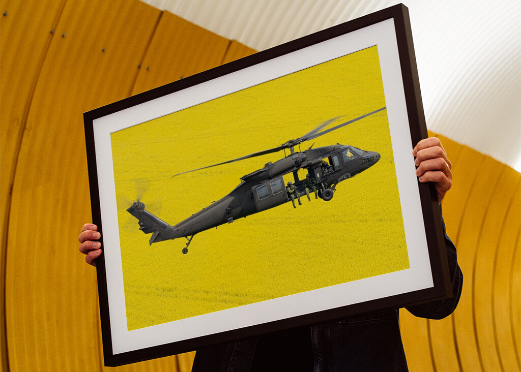 Blackhawk over fields of gold