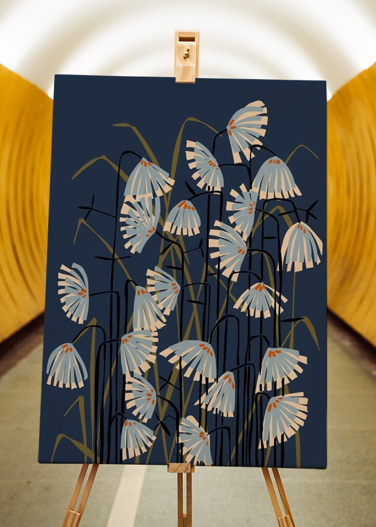 Linolschnitt Blume Wiese blau