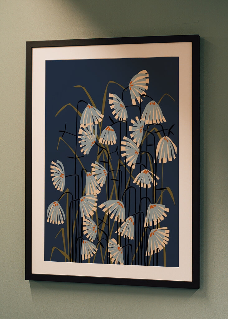 Linolschnitt Blume Wiese blau