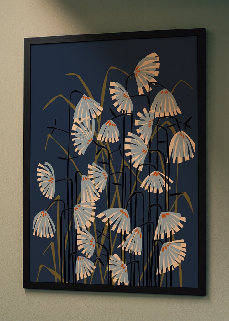 Linolschnitt Blume Wiese blau