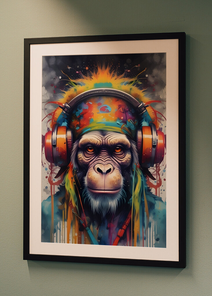 Chimpansee in koptelefoon