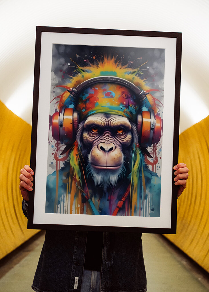 Chimpansee in koptelefoon