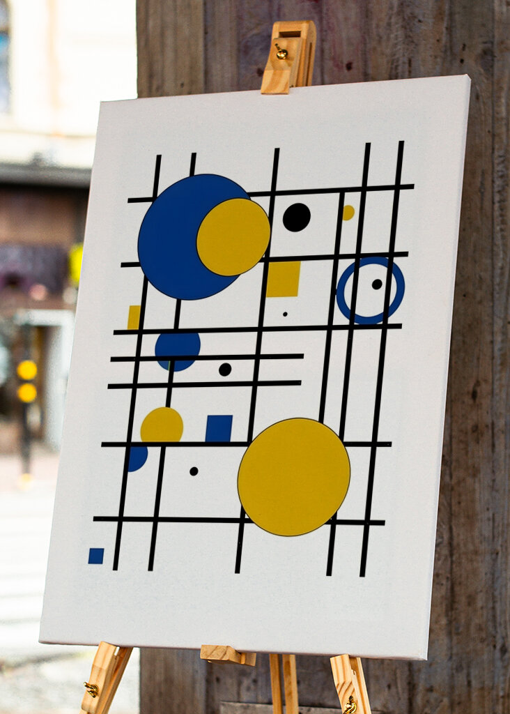 Geometrická hra v modré a žluté barvě