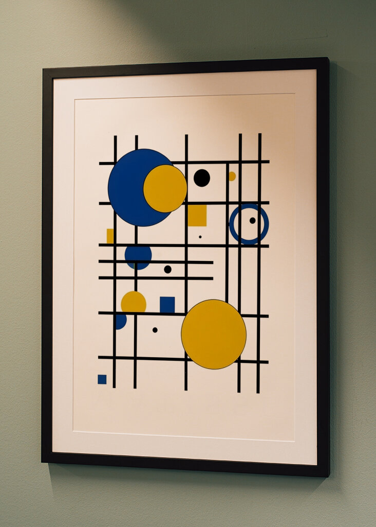 Geometrická hra v modré a žluté barvě