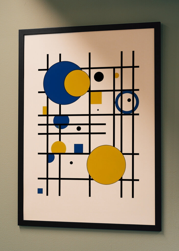 Geometrická hra v modré a žluté barvě