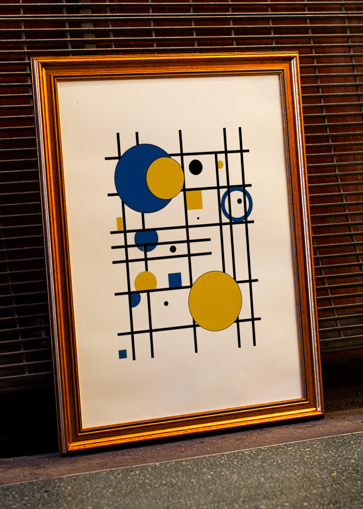 Geometrická hra v modré a žluté barvě