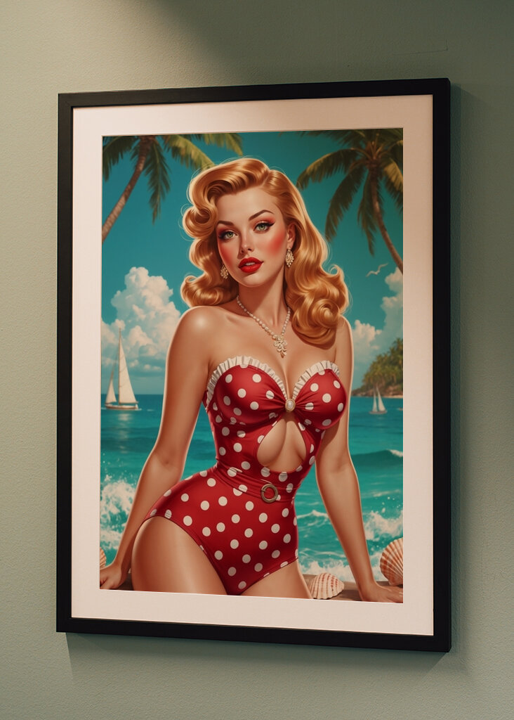 Pin-up v puntíkovaných plážových plavkách