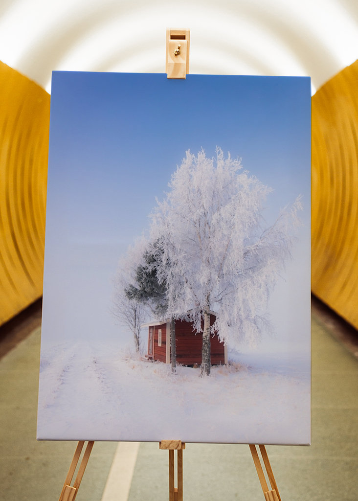 Rød hytte om vinteren