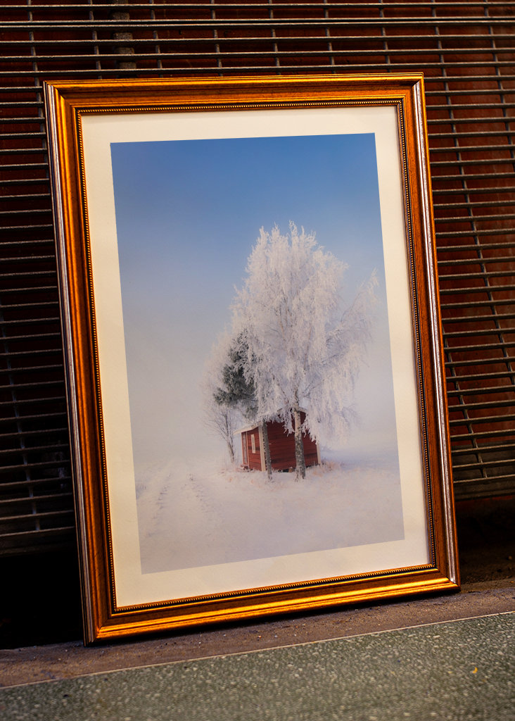 Rød hytte om vinteren