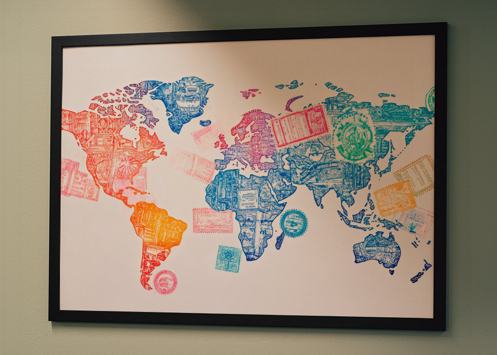 Mappa con timbri sul passaporto 