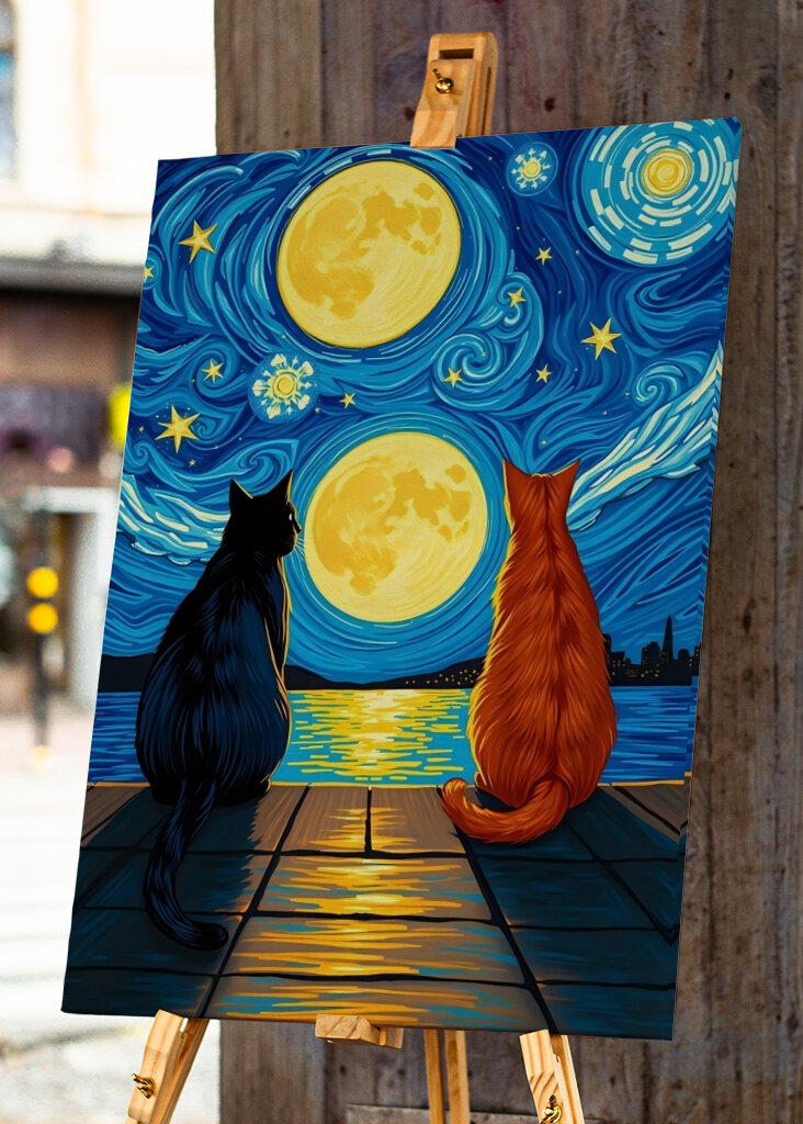 Deux chats regardant le lever de la lune