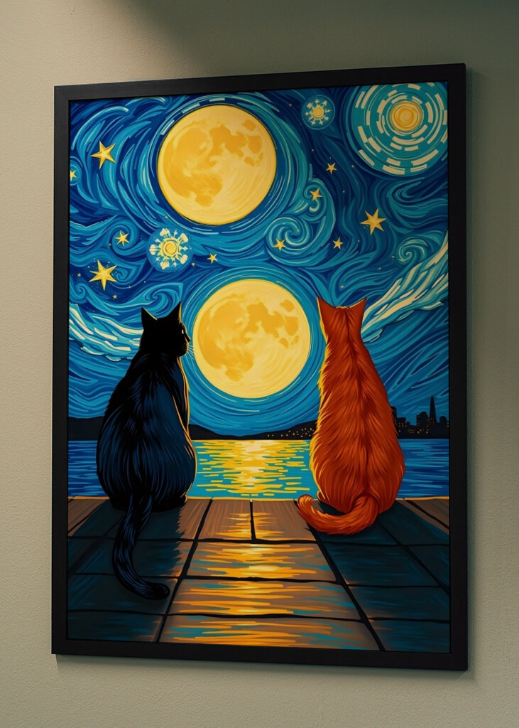 Deux chats regardant le lever de la lune