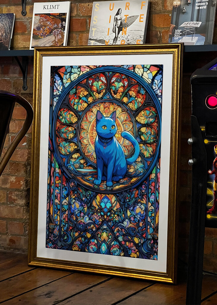 Blaue Katze in Buntglaskunst