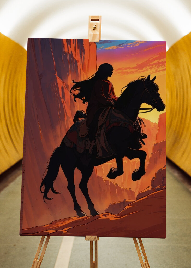 Feuriger Cowboy ritt bei Sonnenuntergang