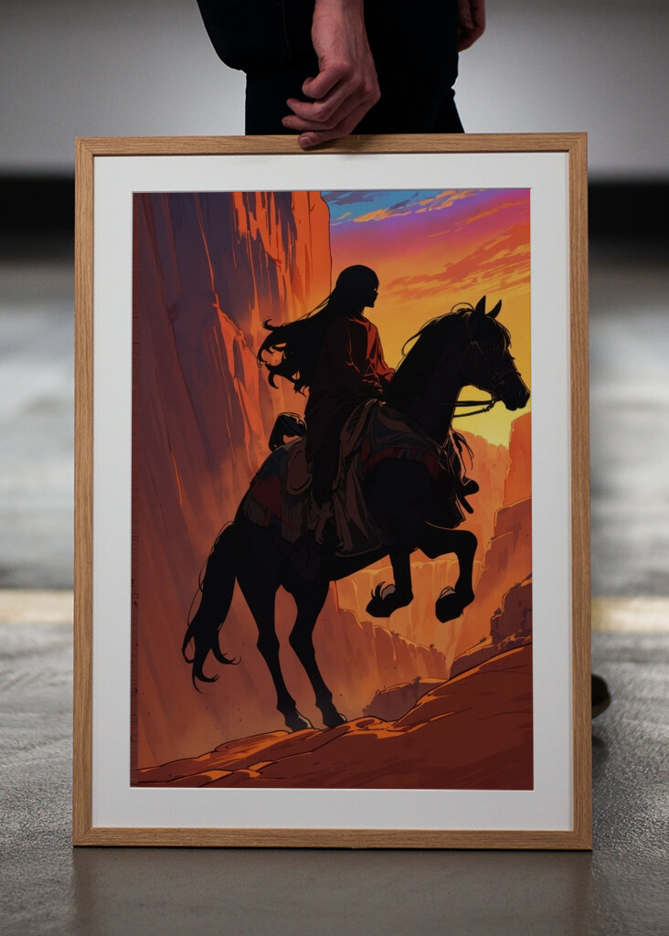 Feuriger Cowboy ritt bei Sonnenuntergang