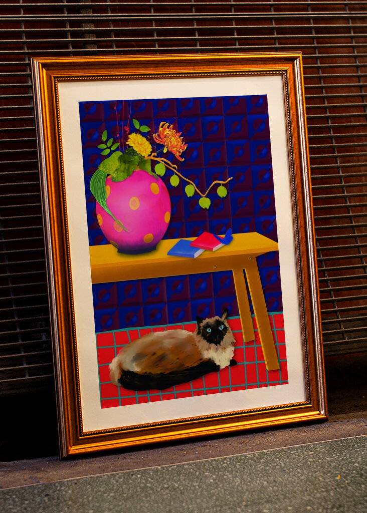 Cat Under the Table - Flowers