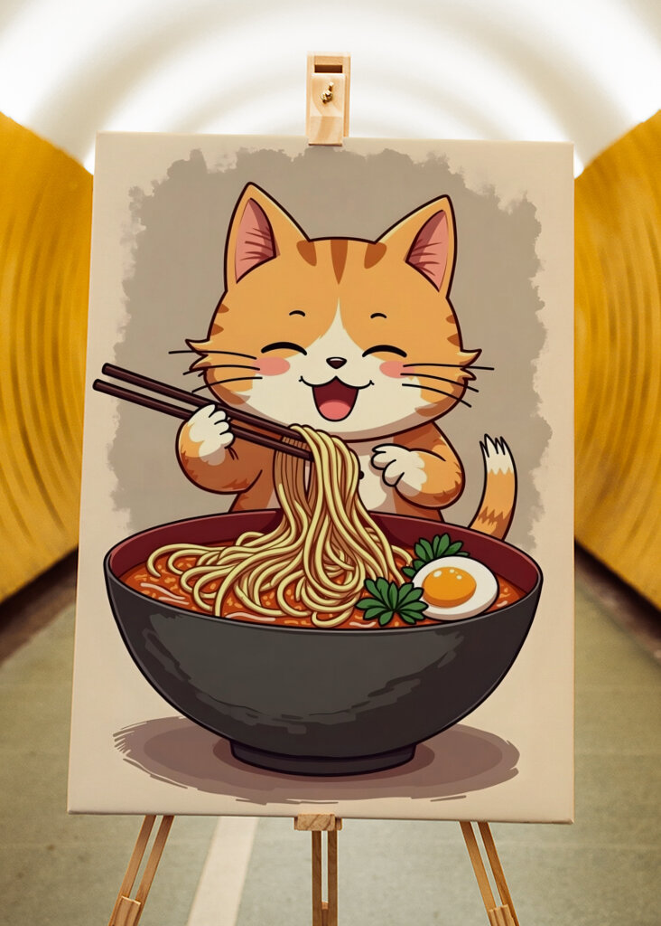 Katze isst Ramen-Nudeln