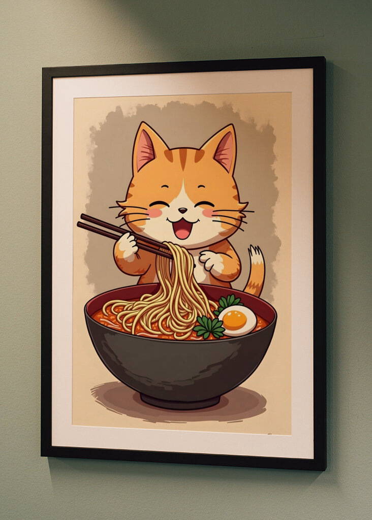 Katze isst Ramen-Nudeln