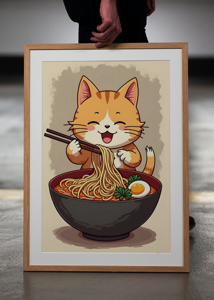 Katze isst Ramen-Nudeln
