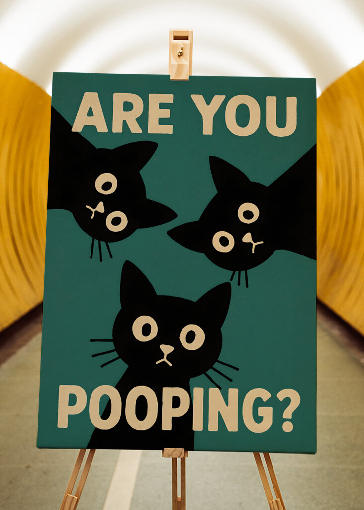 Plakat z kotem robiącym kupę minimalistyczny