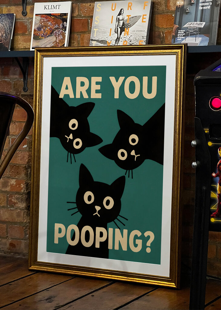 Plakat z kotem robiącym kupę minimalistyczny