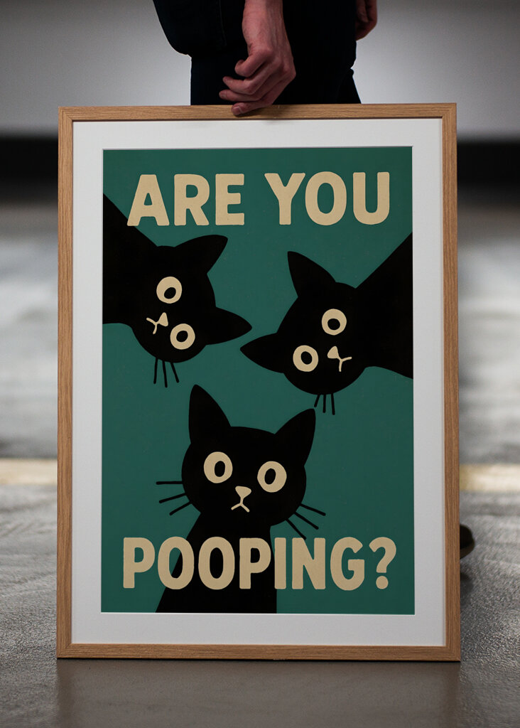 Plakat z kotem robiącym kupę minimalistyczny