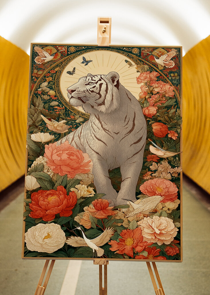 Tigre blanc dans le jardin floral