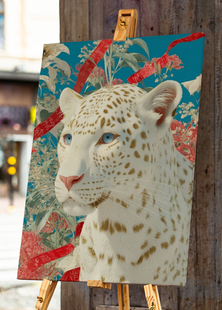 Weißer Leopard mit Blumenhintergrund