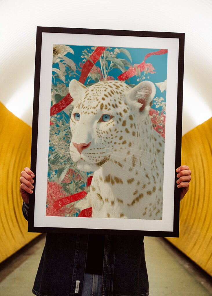 Weißer Leopard mit Blumenhintergrund