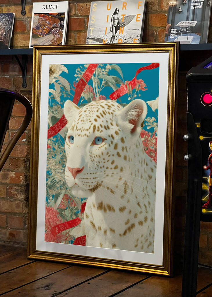 Weißer Leopard mit Blumenhintergrund